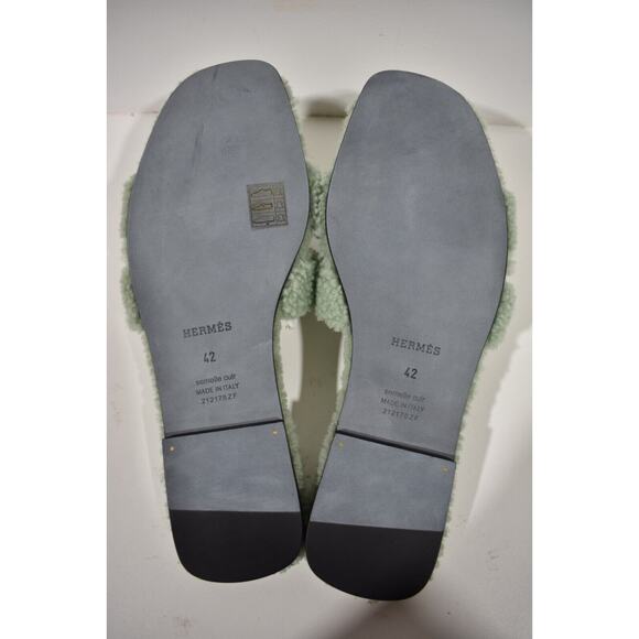 Hermes Oran Teddy Shearling Fur Green H Logo Slide Sandal Mule Flat Flip Flop 42 - Picture 12 of 12
